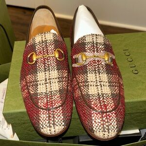 GUCCI 
Vintage Tweed Check Horsebit Mens Jordaan Loafers 8.5Red Beige White